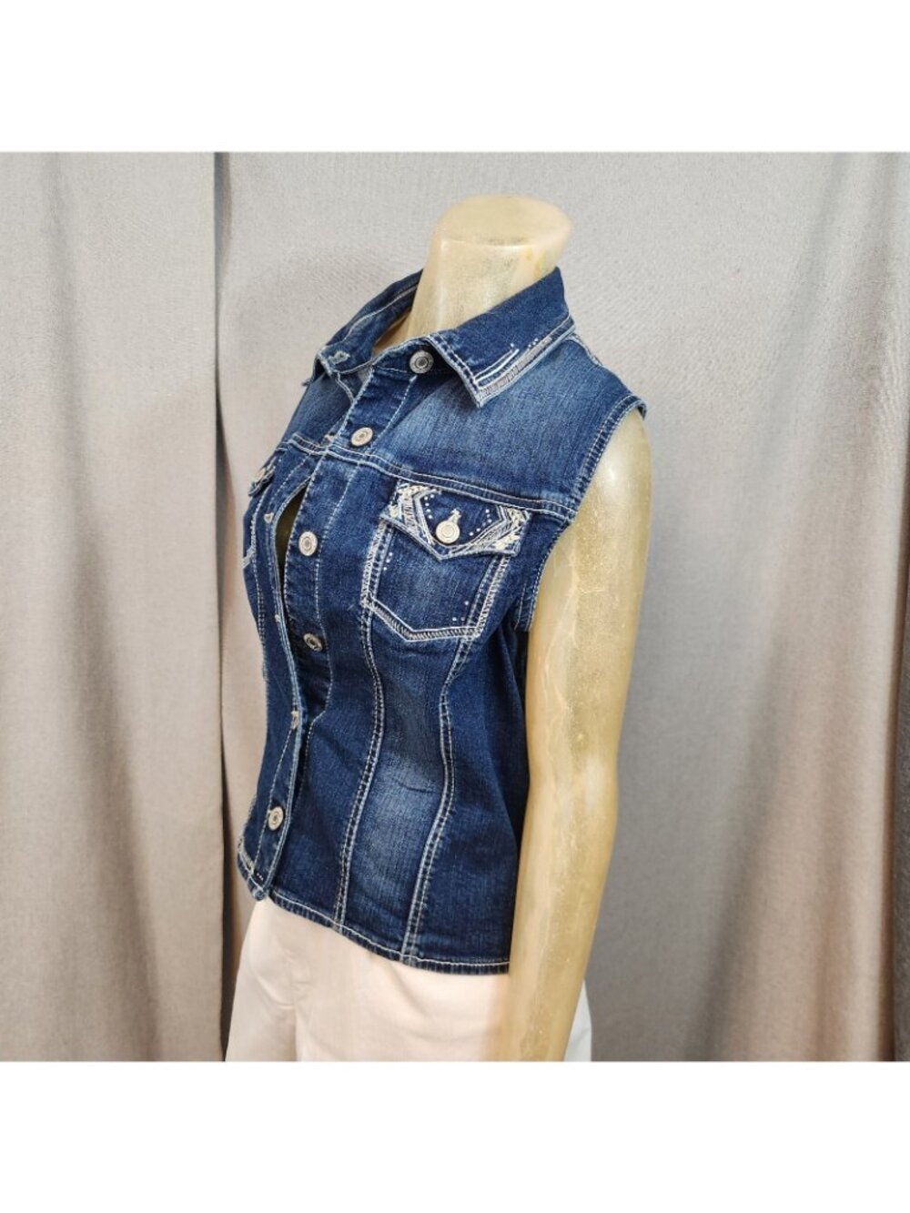 Rhythm In Blues Denim Blue Jean Button Vest XL XLARGE Sleeveless Embellished - Picture 5 of 6